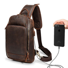 Badass Dark Brown Leather Men's Sling Bag Chest Bag Vintage One shoulder Backpack For Men - imessengerbags