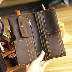 Vintage Red Brown Leather Mens Long Wallet Bifold Zipper Long Wallet For Men