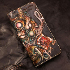 Handmade Leather Mens Clutch Wallet Cool Chinese Dragon Tooled Wallet Long Zipper Wallets for Men