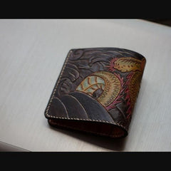 Handmade Leather Chinese Dragon Tooled Mens billfold Wallet Cool Slim Wallet Biker Wallet for Men