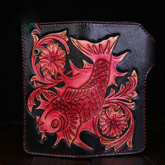 Handmade Mens Cool Tooled Carp Leather Chain Wallet Biker Trucker Wallet with Chain