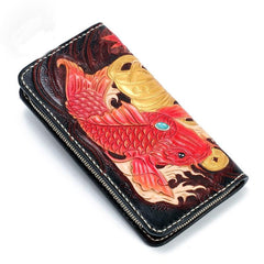 Handmade Leather Carp Mens Chain Biker Wallet Cool Leather Wallet Long Phone Wallets for Men - imessengerbags