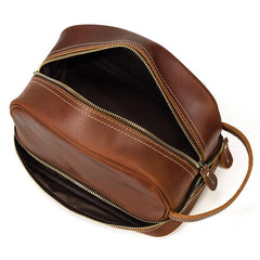 Brown Leather Men's Clutch Bag Double Zipped Wristlet Handbag Storage Bag For Men