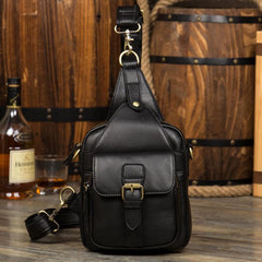 Black Leather Mens Cool Sling Bag Sling Pack Black Crossbody Packs Chest Bags for men - imessengerbags