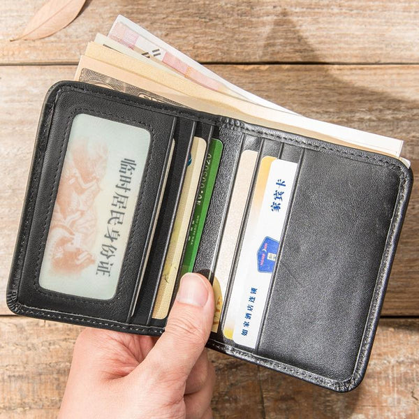 Black Cool Leather Mens Small Wallet billfold Wallet Bifold Vintage SLim Wallet for Men