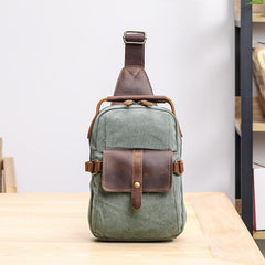 Canvas Leather Mens Khaki Chest Bag One Shoulder Backpack Green Sling Bag for Men - imessengerbags