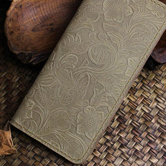 Handmade Leather Floral Mens Cool Travel Long Wallet Card Holder Card Slim Clutch Wallets for Men - imessengerbags