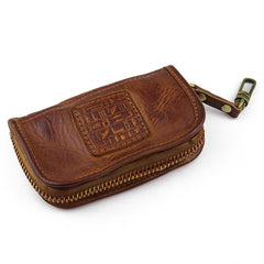 Vintage Brown Leather Men's Car Key Wallet Black Key Zipper Wallet For Men - imessengerbags