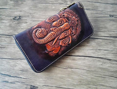 Handmade Leather Ganesha Tooled Mens Long Wallet Cool Leather Wallet Clutch Wallet for Men - imessengerbags