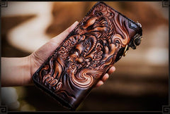 Handmade Leather Tooled Chinese Dragon Mens Chain Biker Wallet Cool Leather Wallet Long Phone Wallets for Men - imessengerbags