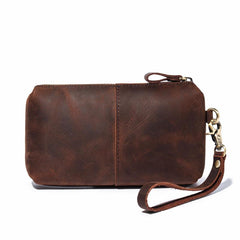 Brown MENS LEATHER ZIPPER CLUTCH WRISTLET PURSE BAG CLUTCH Wallet FOR MEN