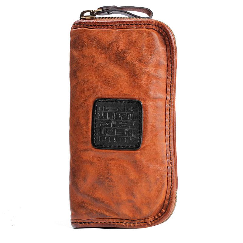 Handmade Leather Mens Cool Black Long Leather Wallet Brown Zipper Clutch Wallet Phone Bag for Men - imessengerbags