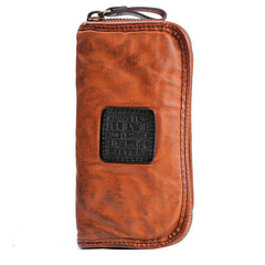 Handmade Leather Mens Cool Black Long Leather Wallet Brown Zipper Clutch Wallet Phone Bag for Men - imessengerbags