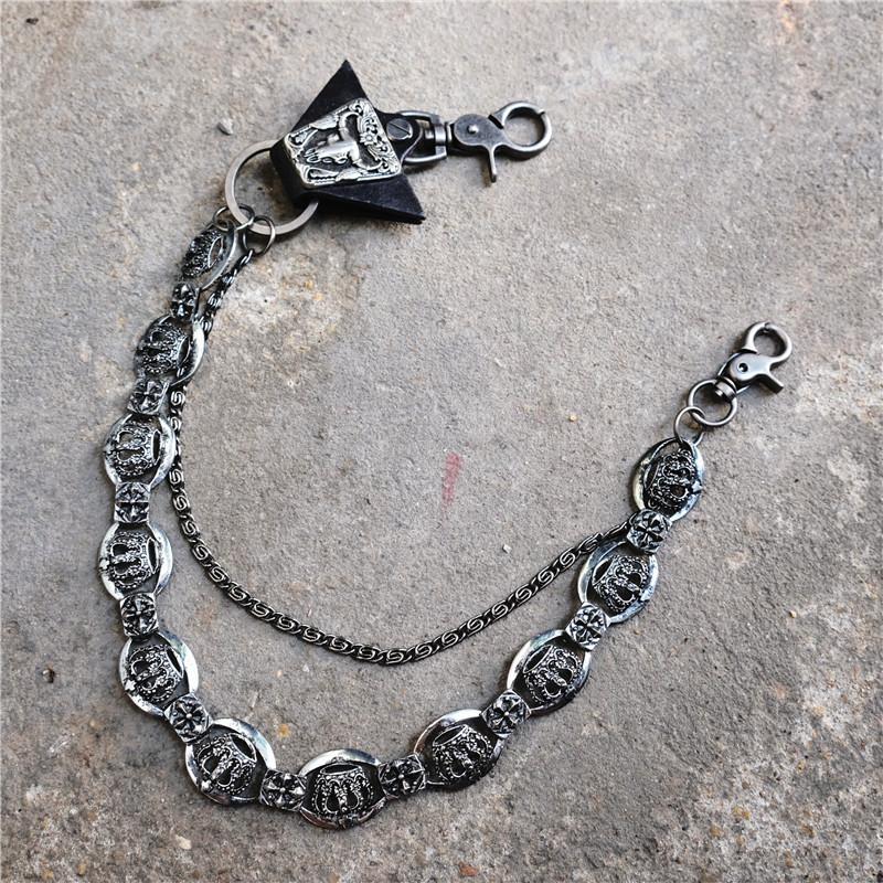 Badass Mens Leather Crown Double Key Long Biker Pants Chain Wallet Chain For Men