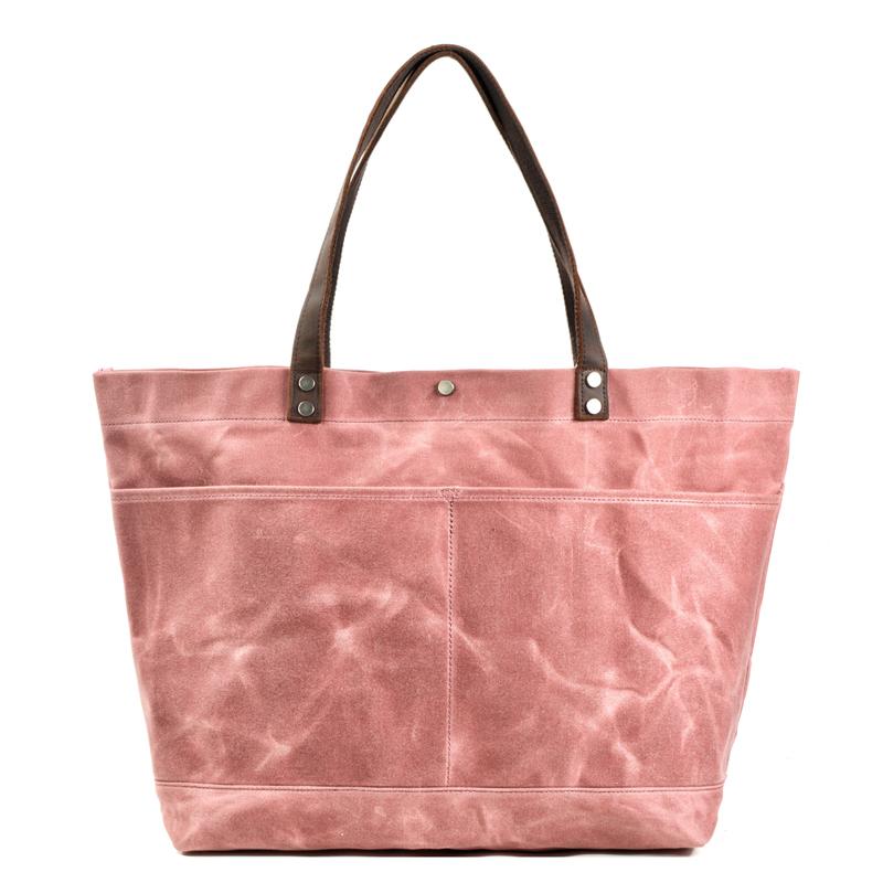 Waxed Canvas Leather Womens Mens Large Pink Tote Bag Shoulder Bag Black Tote Purse For Women - imessengerbags