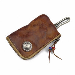 Vintage Brown Leather Men's Car Key Wallet Black Zipper Key Wallet For Men - imessengerbags