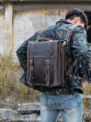 Dark Brown Fashion Mens Leather 13-inch Computer Backpacks Travel Backpacks Brown School Backpack for men