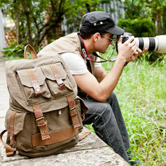 Khaki CANVAS WATERPROOF MENS 16'' CAMERA BACKPACK Army Green LARGE NIKON CAMERA BAG DSLR CAMERA BAG FOR MEN - imessengerbags