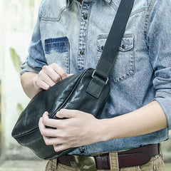 Cool Black Leather Men Chest Bag Large Sling Bag One Shoulder Backpack Sling Packs For Men - imessengerbags