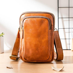 Black Leather Mens Mini Messenger Bag Belt Pouch Tan Side Bag Phone Bag Belt Bag For Men - imessengerbags