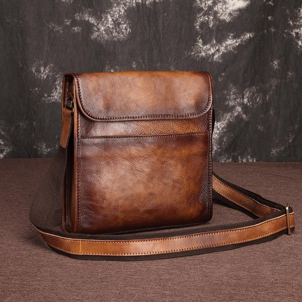 Vintage Brown Leather Men's Small Vertical Messenger Bag Side