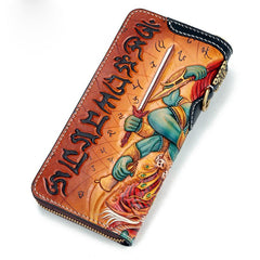 Handmade Leather Tooled Ucchusma Mens Chain Biker Wallet Cool Leather Wallet Zipper Long Phone Wallets for Men
