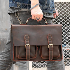 Vintage Dark Brown Mens Leather Briefcase Work Handbag Dark Coffee 14'' Computer Briefcase For Men - imessengerbags