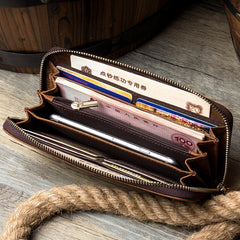 Brown Woven Mens long Wallet Wristlet Wallet Clutch Wallet Zipper Bifold Long Wallet for Men - imessengerbags