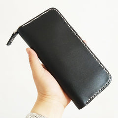 Black Handmade Vintage Mens Yellow-Brown Bifold Zipper Leather Long Wallet Cool Long Wallet for Men - imessengerbags