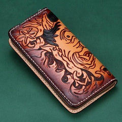 Handmade Leather Mens Clutch Wallet Cool Buddha&Demon Tooled Wallet Long Zipper Wallets for Men - imessengerbags