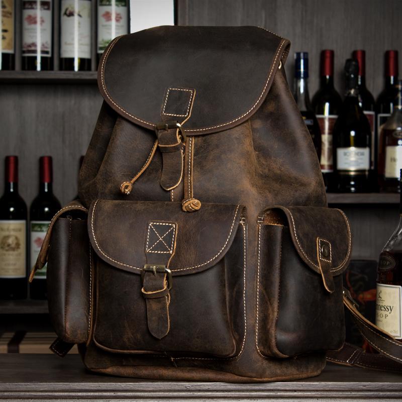 Fashion Brown Mens Leather 15inches Large Backpacks Travel Backpacks School Backpacks for men - imessengerbags