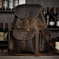 Fashion Brown Mens Leather 15inches Large Backpacks Travel Backpacks School Backpacks for men - imessengerbags
