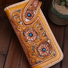Handmade Mens Cool Tooled Floral Leather Chain Wallet Biker Trucker Wallet with Chain - imessengerbags