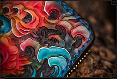 Handmade Leather Chinese Lion Tooled Mens billfold Wallet Cool Chain Wallet Biker Wallet for Men - imessengerbags