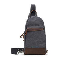 Cool Canvas Leather Mens Sling Bag Chest Bag Gray One Shoulder Backpack for Men