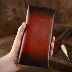 Casual Retro Leather Mens Wine Red Slim Long Wallet Light Beige Bifold Card Wallet Clutch Wallet For Men - imessengerbags