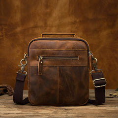 Vintage Brown Leather Mens Small Vertical Messenger Bag Side Bag Courier Bag Handbag For Men