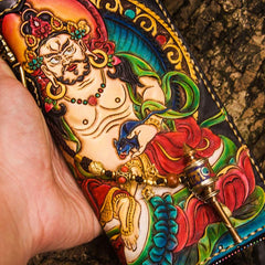 Handmade Leather Tooled Yellow Jambhala Mens Chain Biker Wallet Cool Leather Wallet Zipper Long Phone Wallets for Men - imessengerbags