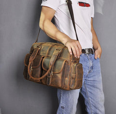 Brown Leather Travel Bag Men's 14 inches Overnight Bag Large Luggage Weekender Bag For Men