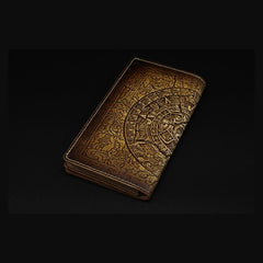 Handmade Leather Tooled Xiuhpohualli Calendar Mens Long Wallet Cool Leather Wallet Clutch Wallet for Men - imessengerbags
