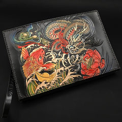 Black Handmade Tooled Leather Mahākāla Clutch Wallet Wristlet Bag Clutch Purse For Men - imessengerbags