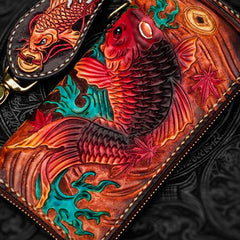 Handmade Leather Tooled Carp Mens Chain Biker Wallet Cool Leather Wallet Long Phone Wallets for Men