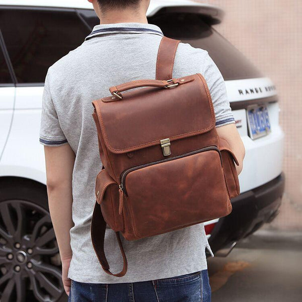 Cool Brown Leather Men's 13'' Laptop Backpack School Backpack Travel Backpack For Men - imessengerbags