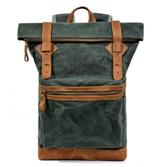 Waxed Canvas Leather Mens 15'' Hiking Green Backpack Black Computer Backpack Travel Backpack for Men - imessengerbags