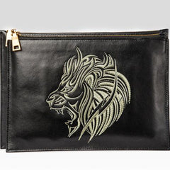 Handmade Leather Mens Clutch Cool Slim Lion Wallet Zipper Clutch Wristlet Wallet for Men