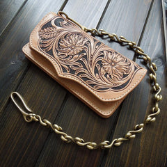 Handmade Leather Biker Wallet Tooled Floral Mens Cool Chain Wallet Trucker Wallet with Chain