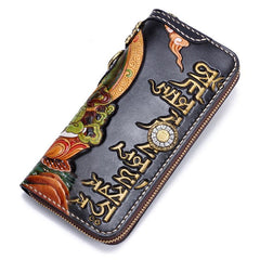 Handmade Leather Tooled Yellow Jambhala Mens Chain Biker Wallet Cool Leather Wallet Zipper Long Phone Wallets for Men