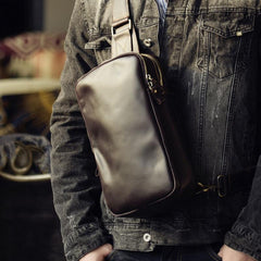 Handmade Leather Mens Cool Chest Bag Sling Bag Crossbody Bag Travel Bag Hiking Bag for men
