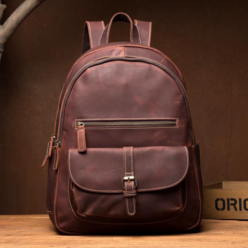 Fashion Brown Mens Leather 14-inch Large Laptop Backpacks Brown Travel Backpacks School Backpack for men - imessengerbags