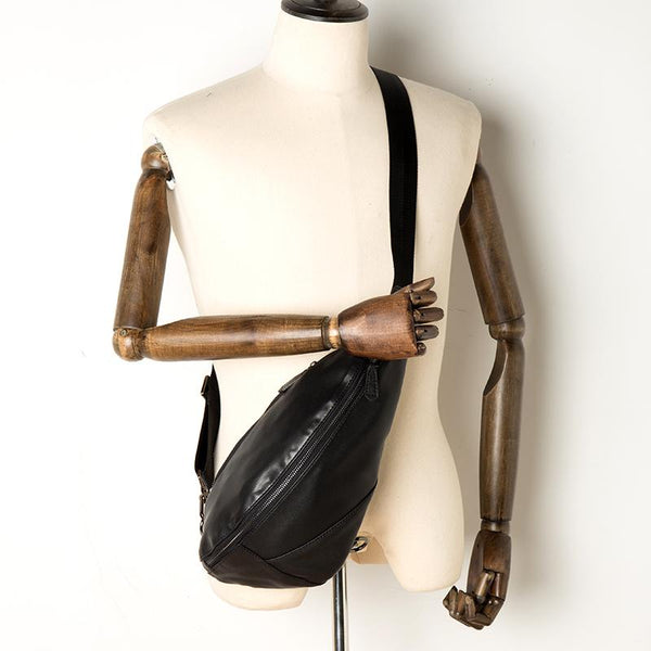 Black Leather Mens 8 inches Cool Sling Bags Crossbody Pack Black Chest Bag One Shoulder Pack for men - imessengerbags